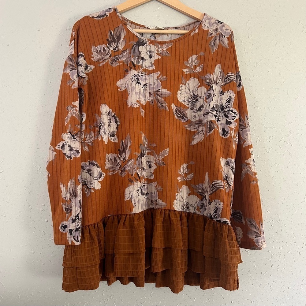Entro Orange Ribbed Ruffled Long Sleeve Blouse Floral Fall Boho Bohemian Small